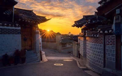 Seoul, sparare, mattina, architettura coreana, case, Corea del Sud