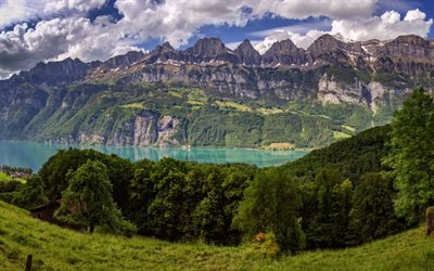 湖Walen, 4k, 山々, アルプス, 夏, Walensee, スイスアルプス, 欧州, スイス