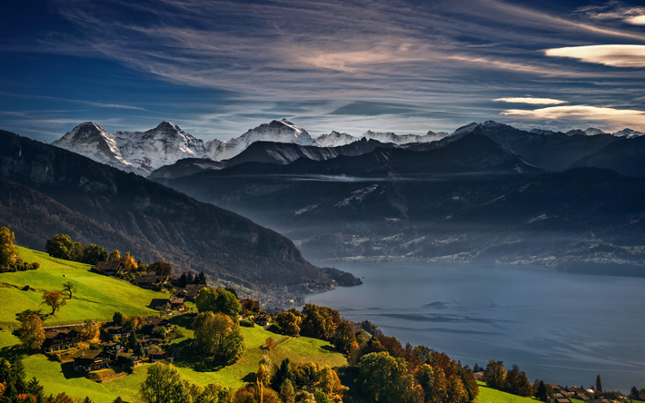 湖Thun, スイスアルプス, 山々, Thunersee, Berneseオベールランド, スイス, 欧州