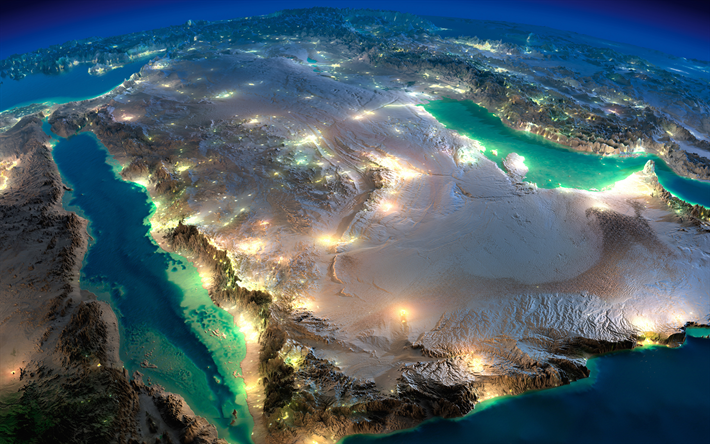 Arabian Peninsula, view from space, night, city lights, Red Sea, Gulf of Aden, Saudi Arabia, Yemen, Oman
