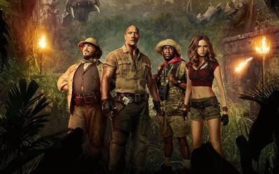 Jumanji, Welcome to the Jungle, 2018, characters, poster, Dwayne Johnson, Karen Gillan, Kevin Hart, Jack Black