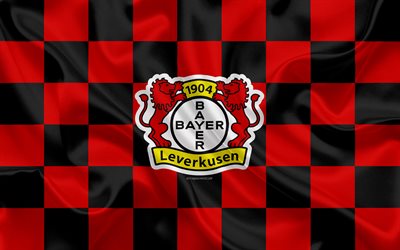 Bayer 04 Leverkusen, 4k, logo, creative art, red black checkered flag, German football club, Bundesliga, emblem, silk texture, Leverkusen, Germany, football, Bayer 04 FC