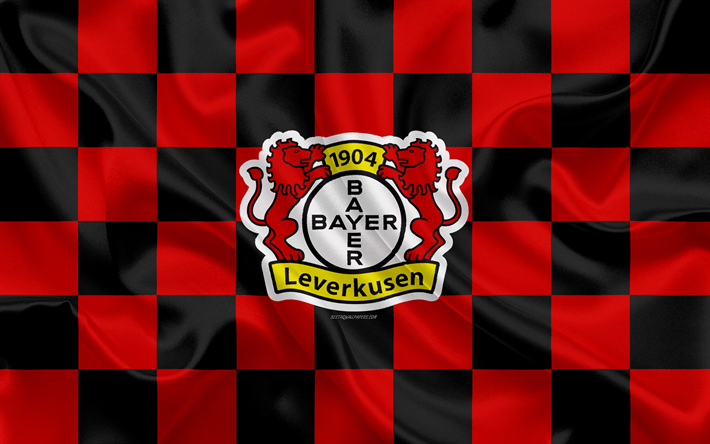 bayer 04 leverkusen, 4k, logo, kunst, rot-schwarz-karierte flagge, deutsche fu&#223;ball-club, bundesliga, emblem, seide textur, leverkusen, deutschland, fu&#223;ball, bayer 04 fc