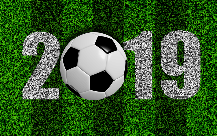 Vuonna 2019, jalkapallo nurmikko, 2019 jalkapallon k&#228;sitteit&#228;, vihre&#228; ruoho, 2019 Uusi Vuosi, urheilu, pallo, jalkapallo, 2019 k&#228;sitteit&#228;