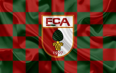 Augsburg FC, 4k, logo, creative art, red green checkered flag, German football club, Bundesliga, emblem, silk texture, Augsburg, Germany, football