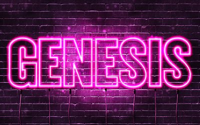 Genesis, 4k, taustakuvia nimet, naisten nimi&#228;, Genesis nimi, violetti neon valot, vaakasuuntainen teksti, kuva Genesis nimi