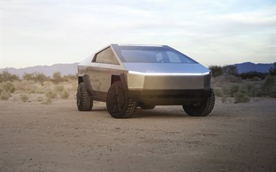 Tesla Cybertruck, 2022, electric pickup truck, exterior, front view, new silver Cybertruck, american cars, Tesla