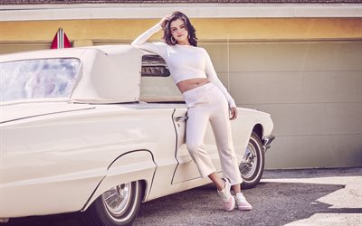 Selena Gomez, Portrait, American singer, beige Puma suit, photoshoot, retro cars