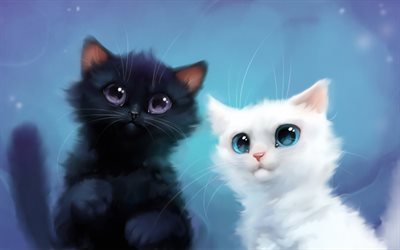 preto e branco gatos, 4k, animais fofos, Arte 3D, yin e yang, dos desenhos animados de gatos, gato branco, gato preto