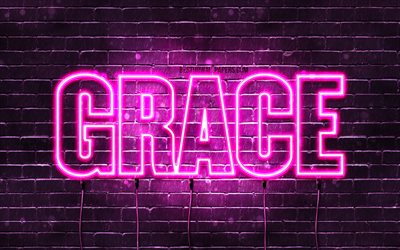 Grace, 4k, wallpapers with names, female names, Grace name, purple neon lights, horizontal text, picture with Grace name