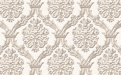 vintage motif floral, blanc damass&#233; motif, blanc, arri&#232;re-plan vintage, motifs floraux, des arri&#232;re-plans vintage, blanc r&#233;tro origines, floral vintage pattern