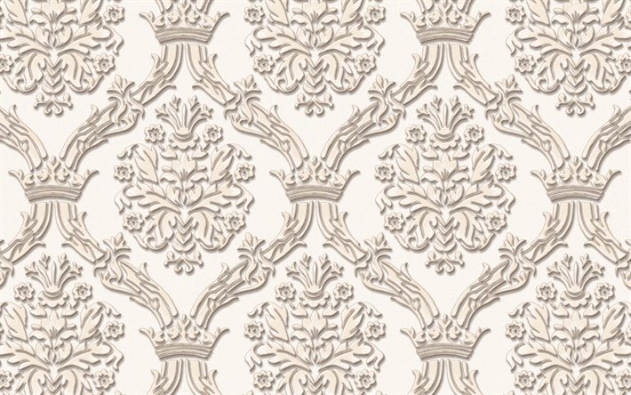 vintage floral pattern, white damask pattern, white vintage background, floral patterns, vintage backgrounds, white retro backgrounds, floral vintage pattern