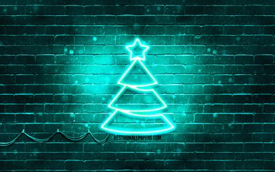 ターコイズブルーのネオンのクリスマスツリー, 4k, ターコイズブルー brickwall, 謹んで新年の概念, ターコイズブルーのクリスマスツリー, クリスマスの木, クリスマスツリー