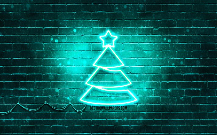 Turchese neon Albero di Natale, 4k, turchese, brickwall, Felice anno Nuovo, Concetto, Turchese Albero di Natale, Alberi di Natale