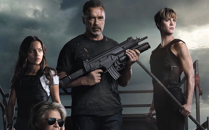 Terminator Oscuro Destino, 2019, 4k, materiali promozionali, poster, personaggi principali, Arnold Schwarzenegger, Mackenzie Davis, Natalia Reyes, Terminator