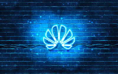 Huawei azul do logotipo, 4k, azul brickwall, Huawei logotipo, marcas, Huawei neon logotipo, Huawei