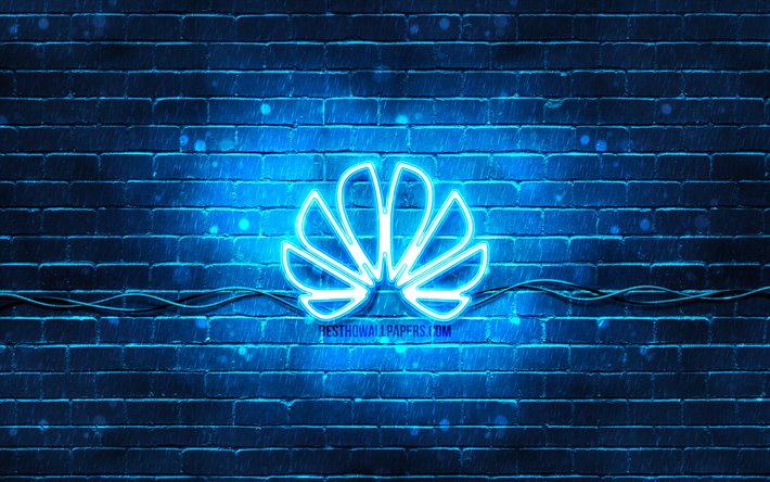 huawei blaue logo, 4k, blau brickwall -, huawei-logo, marken, huawei neon-logo, huawei