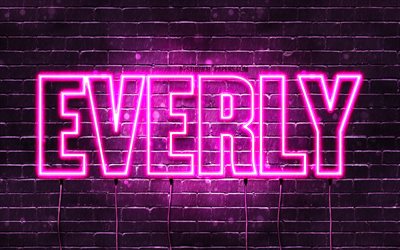 Everly, 4k, wallpapers with names, female names, Everly name, purple neon lights, horizontal text, picture with Everly name