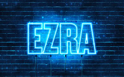Esdras, 4k, les papiers peints avec les noms, le texte horizontal, Ezra nom, bleu n&#233;on, photo avec Ezra nom