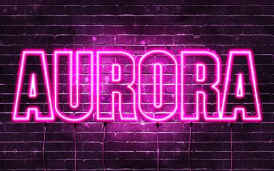Aurora, 4k, fondos de pantalla con los nombres, los nombres femeninos, Aurora nombre, p&#250;rpura luces de ne&#243;n, el texto horizontal, imagen con el nombre de Aurora