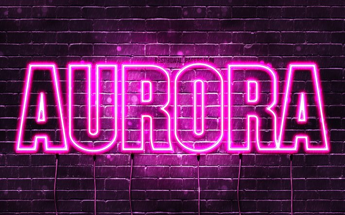 Aurora, 4k, pap&#233;is de parede com os nomes de, nomes femininos, Aurora nome, roxo luzes de neon, texto horizontal, imagem com o nome de Aurora