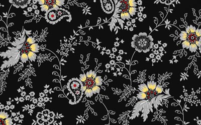 schwarzer hintergrund mit grauen blumen, floral schwarz textur, retro-floralen textur, floral hintergrund, floralen ornament auf einem schwarzen hintergrund