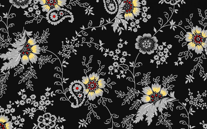fondo negro con gris, flores, floral negro textura, retro floral de textura, de flores, antecedentes, ornamento floral sobre un fondo negro