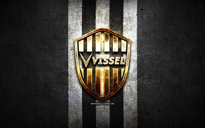 Vissel Kobe FC, golden logo, J1 League, black metal background, football, Vissel Kobe, japanese football club, Vissel Kobe logo, J-League, soccer, Japan