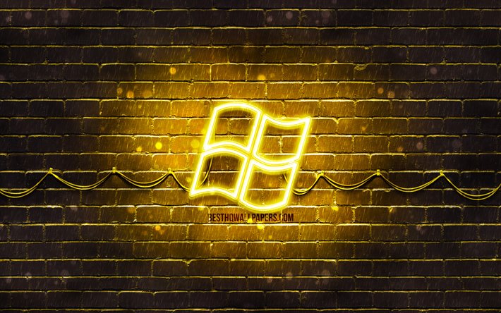 Windows logo amarillo, 4k, amarillo brickwall, con el logotipo de Windows, marcas, Windows ne&#243;n logotipo de Windows