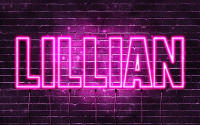 Lillian, 4k, wallpapers with names, female names, Lillian name, purple neon lights, horizontal text, picture with Lillian name