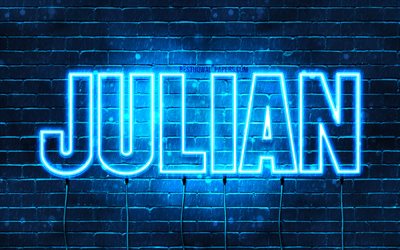Julian, 4k, fondos de pantalla con los nombres, el texto horizontal, Julian nombre, luces azules de ne&#243;n, de la imagen con el nombre Julian