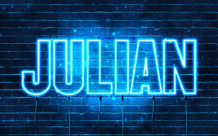 Julian, 4k, tapeter med namn, &#246;vergripande text, Julian namn, bl&#229;tt neonljus, bild med Julian namn