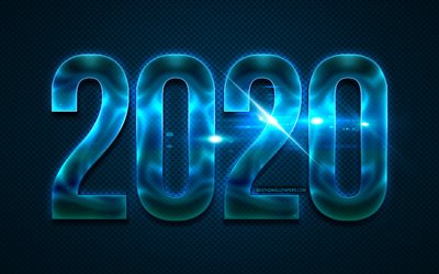 2020 water digits, grunge, Happy New Year 2020, blue metal background, 2020 neon art, 2020 concepts, water digits, 2020 on blue background, 2020 year digits