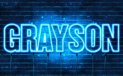 Grayson, 4k, fondos de pantalla con los nombres, el texto horizontal, Grayson nombre, luces azules de ne&#243;n, de la imagen con el nombre de Grayson