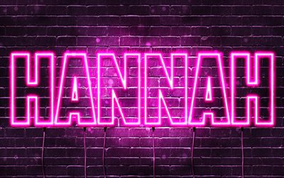 Hannah, 4k, adları Hannah adıyla, Bayan isimleri, Hannah adı, mor neon ışıkları, yatay metin, resim ile duvar kağıtları