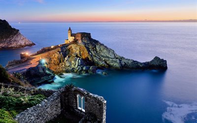 Cinque Terre, old lighthouse, sunset, evening, landmark, seascape, Mediterranean Sea, Liguria, Italy
