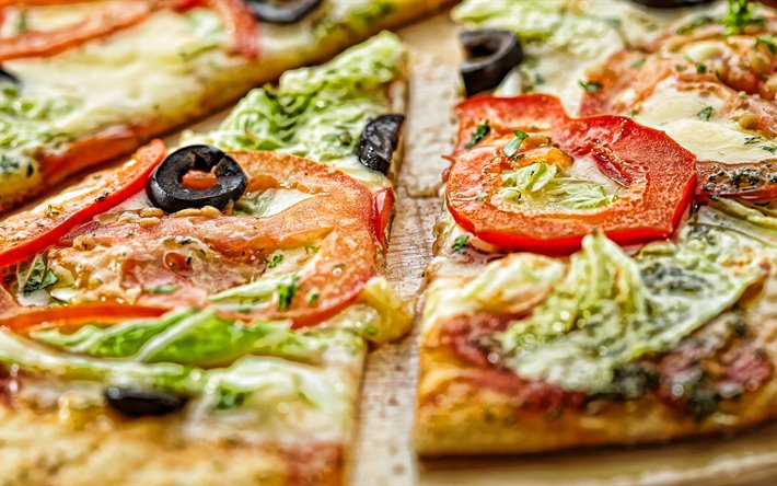 vegetable pizza, vegetarianism, pizza, fast food, pizza with tomatoes and salad