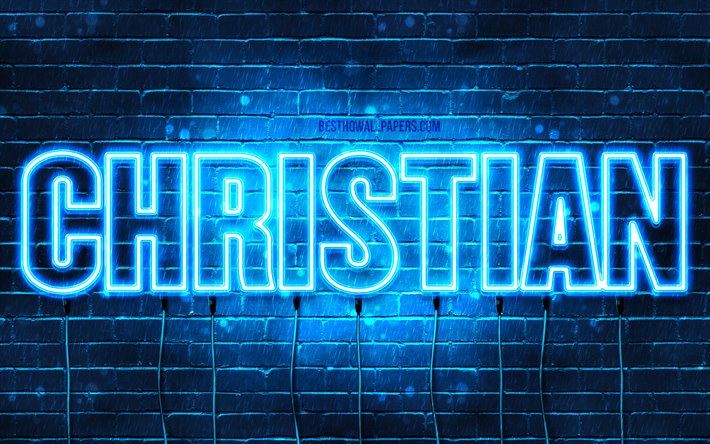 Christian, 4k, taustakuvia nimet, vaakasuuntainen teksti, Kristitty nimi, blue neon valot, kuvan nimi