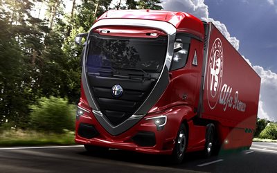 Alfa Romeo Kamyon Kavramı, dış cephe, &#246;nden g&#246;r&#252;n&#252;m, kırmızı kamyon, kargo taşıma, kargo teslimat, Alfa Romeo