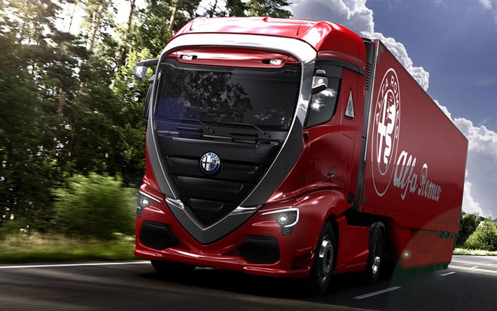 Alfa Romeo Truck Concept, exterior, front view, red truck, cargo transportation, cargo delivery, Alfa Romeo