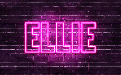 Ellie, 4k, wallpapers with names, female names, Ellie name, purple neon lights, horizontal text, picture with Ellie name