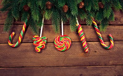 Buon Natale, 4k, dolci di Natale, decorazioni del nuovo anno, lecca-lecca, Felice Anno Nuovo, decorazioni di natale, Nuovo anno di concerti, caramella di Natale