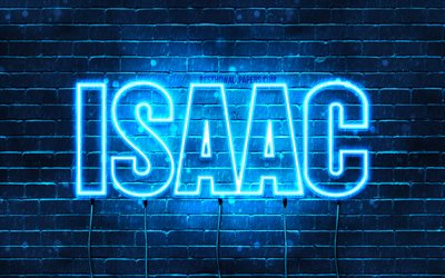 Isaac, 4k, wallpapers with names, horizontal text, Isaac name, blue neon lights, picture with Isaac name