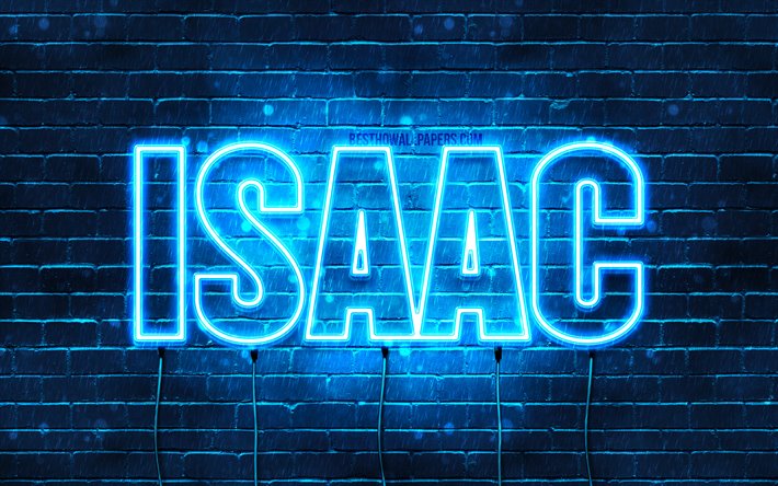 isaac, 4k, tapeten, die mit namen, horizontaler text, isaac namen, blue neon lights, bild mit isaak name