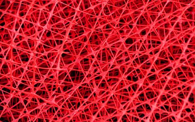 rouge rouge, 4k, macro, tissu de maille de la texture, de maillage de milieux, fond rouge, maille, des textures