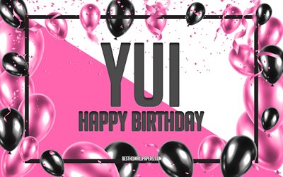 happy birthday yui, geburtstag luftballons, hintergrund, beliebte japanische weibliche namen, yui, hintergrundbilder mit japanischen namen, pink luftballons geburtstag hintergrund, gru&#223;karte, yui geburtstag
