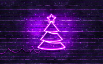 البنفسجي النيون شجرة عيد الميلاد, 4k, البنفسجي brickwall, سنة جديدة سعيدة مفهوم, البنفسجي شجرة عيد الميلاد, أشجار عيد الميلاد, أشجار عيد الميلاد ،