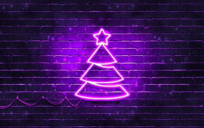 Violet neon Christmas Tree, 4k, violet brickwall, Happy New Years Concept, Violet Christmas Tree, Xmas Trees, Christmas Trees