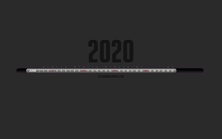 2020 Juner Calendario, nero ed Elegante, calendario, giugno 2020, sfondo grigio, mese, giugno 2020 numeri in una riga, giugno 2020 Calendario