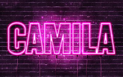 Camila, 4k, خلفيات أسماء, أسماء الإناث, كاميلا اسم, الأرجواني أضواء النيون, نص أفقي, صورة مع كاميلا اسم